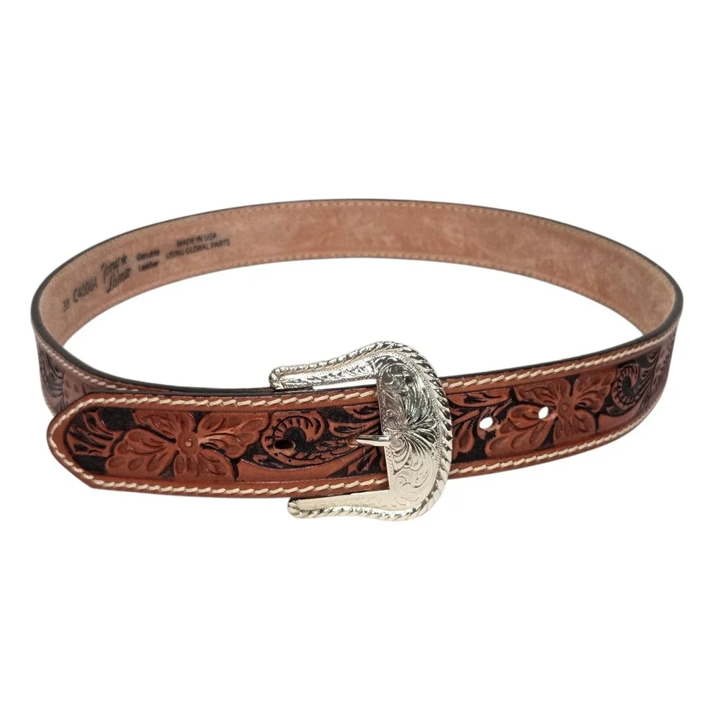 New Tony Lama Belt Mens 38 Brown Floral Tooled Leather Western Silver Buckle